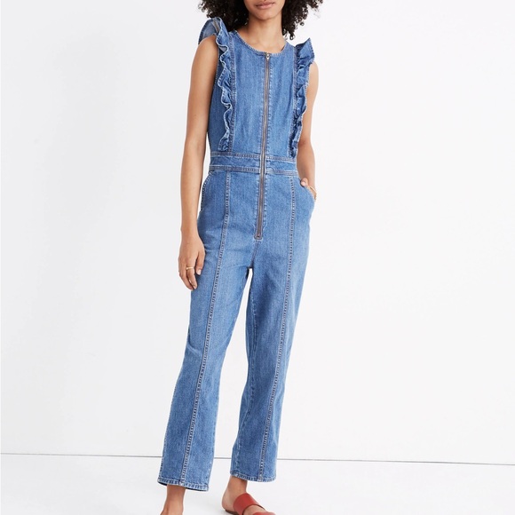 Madewell Denim Ruffle-Sleeve Zip-Front Jumpsuit - Picture 1 of 8